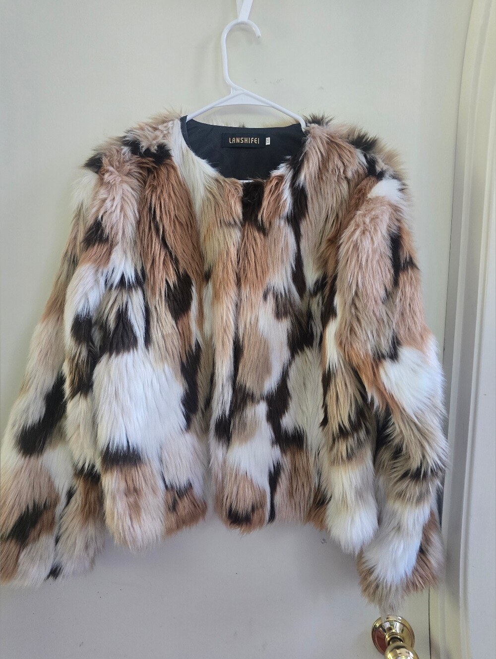 LANSHIFEI Faux Fur Patchwork Cropped Jacket Coat Multi Color Animal Print XXL